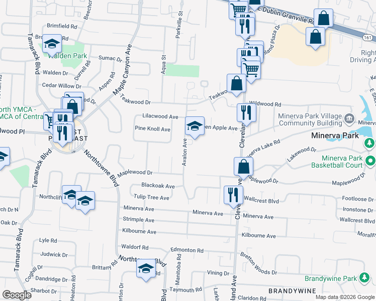 map of restaurants, bars, coffee shops, grocery stores, and more near 5192 Avalon Avenue in Columbus