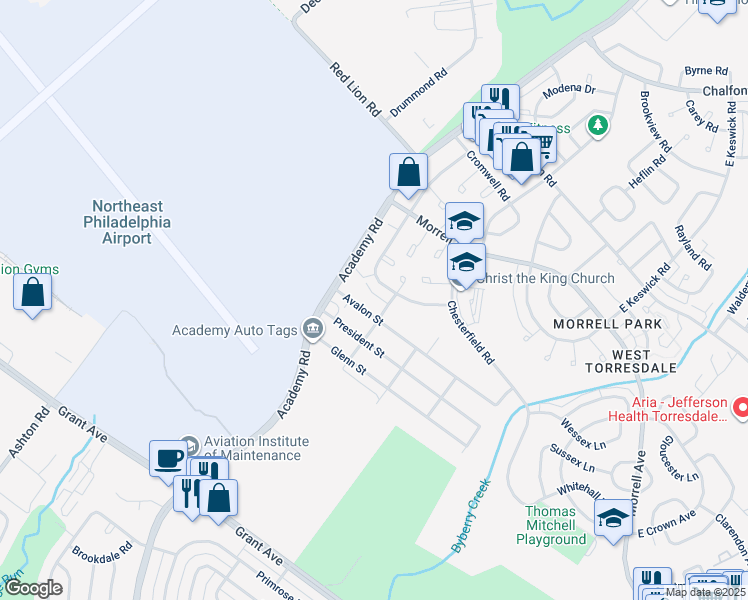 map of restaurants, bars, coffee shops, grocery stores, and more near 9838 Legion Street in Philadelphia