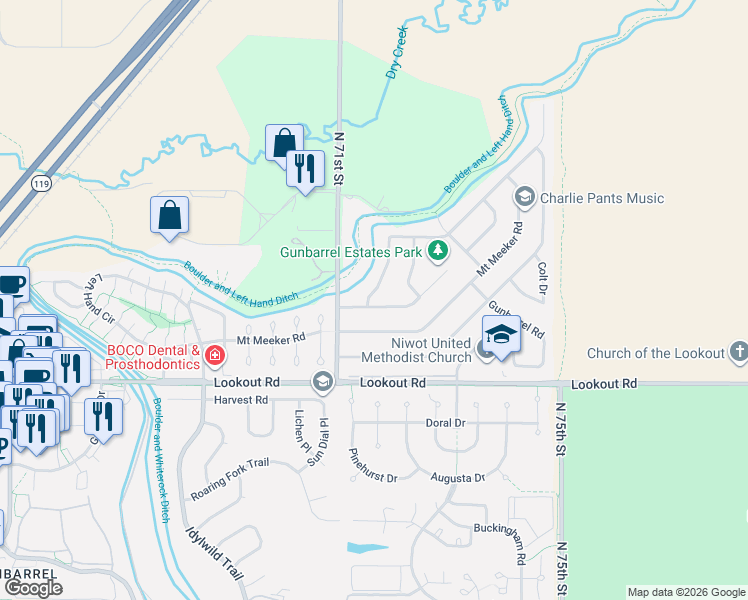 map of restaurants, bars, coffee shops, grocery stores, and more near 7199 Glacier View Road in Longmont