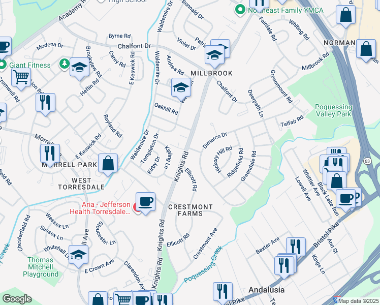 map of restaurants, bars, coffee shops, grocery stores, and more near 11005 Knights Road in Philadelphia
