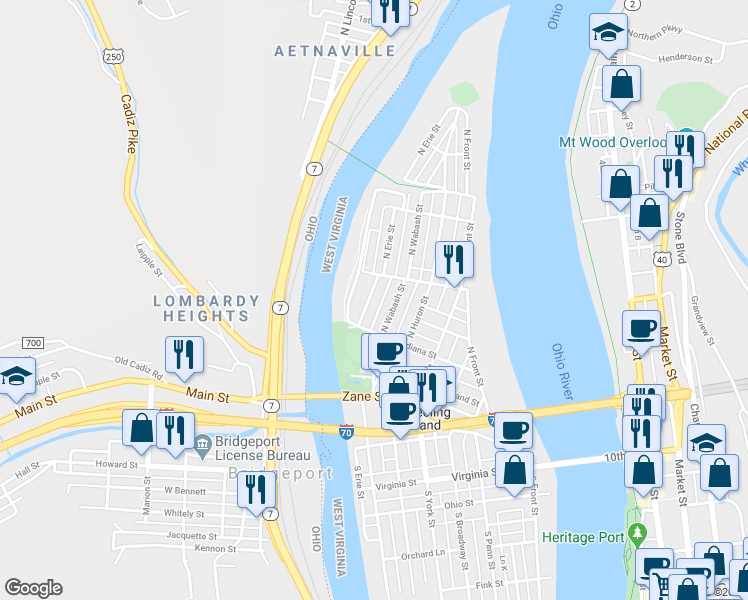map of restaurants, bars, coffee shops, grocery stores, and more near 302 North Erie Street in Wheeling