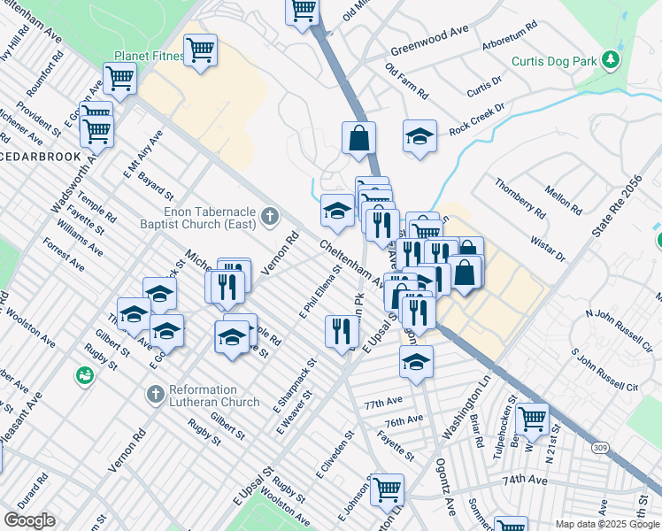 map of restaurants, bars, coffee shops, grocery stores, and more near 7905 Cedarbrook Avenue in Philadelphia