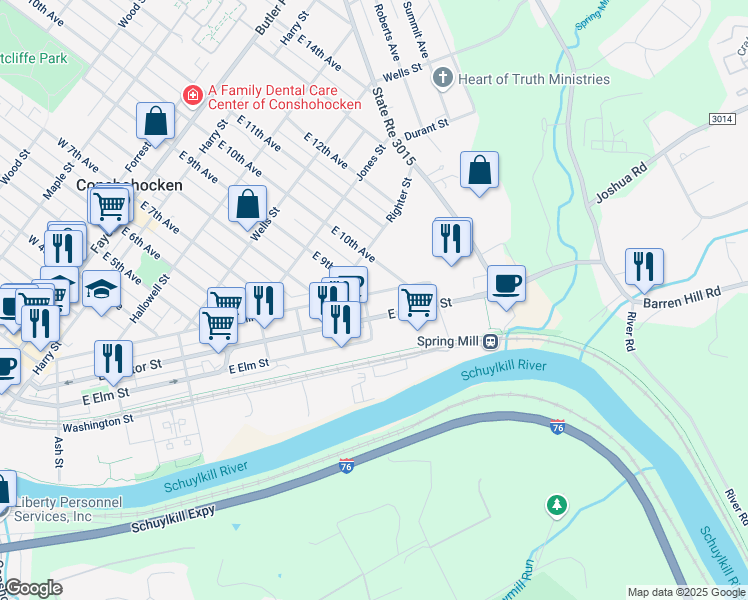 map of restaurants, bars, coffee shops, grocery stores, and more near 900 Spring Mill Ave in Conshohocken