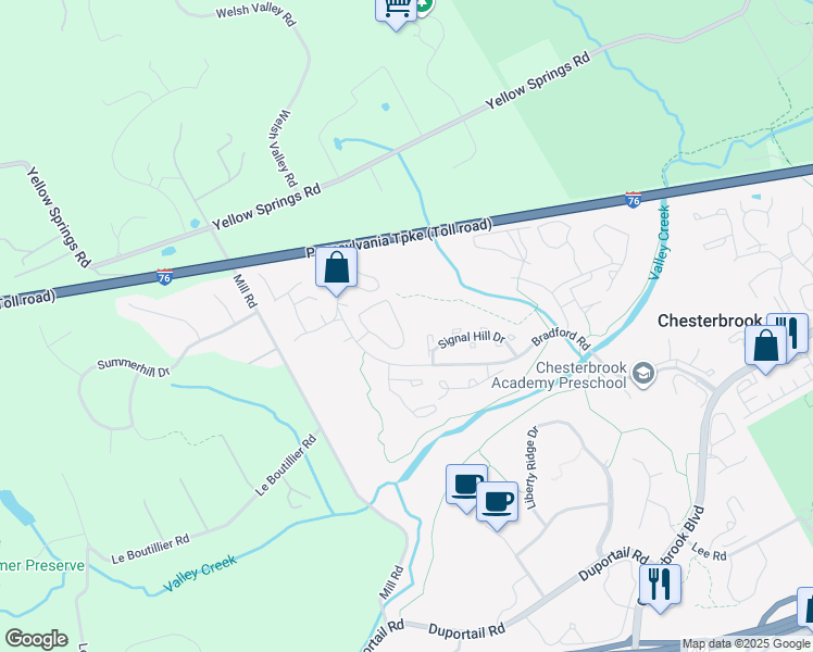 map of restaurants, bars, coffee shops, grocery stores, and more near 33 Militia Hill Drive in Chesterbrook