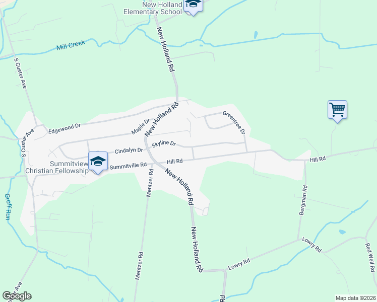 map of restaurants, bars, coffee shops, grocery stores, and more near 140 Skyline Drive in New Holland