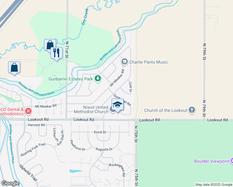 map of restaurants, bars, coffee shops, grocery stores, and more near 7382 Mount Sherman Road in Longmont
