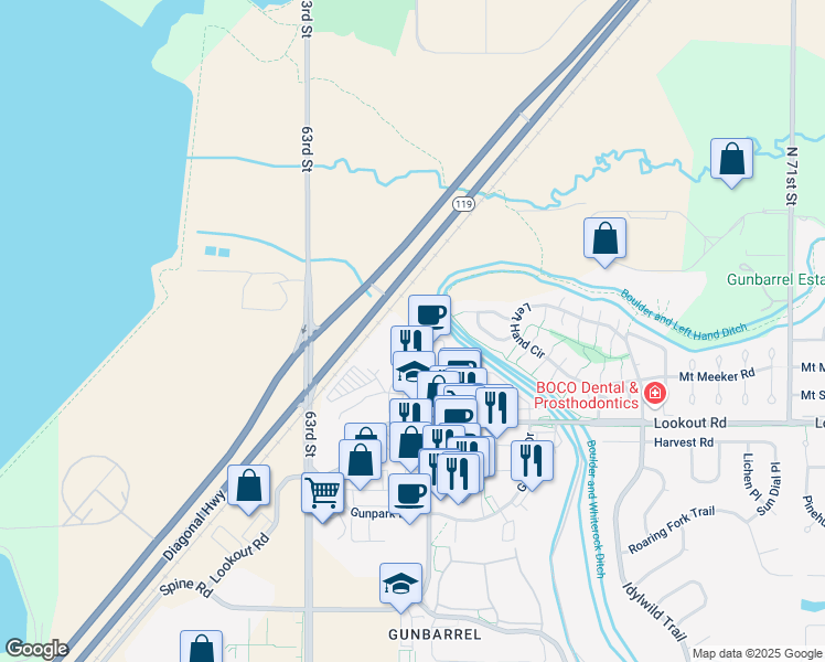 map of restaurants, bars, coffee shops, grocery stores, and more near 5581 Spine Road in Boulder