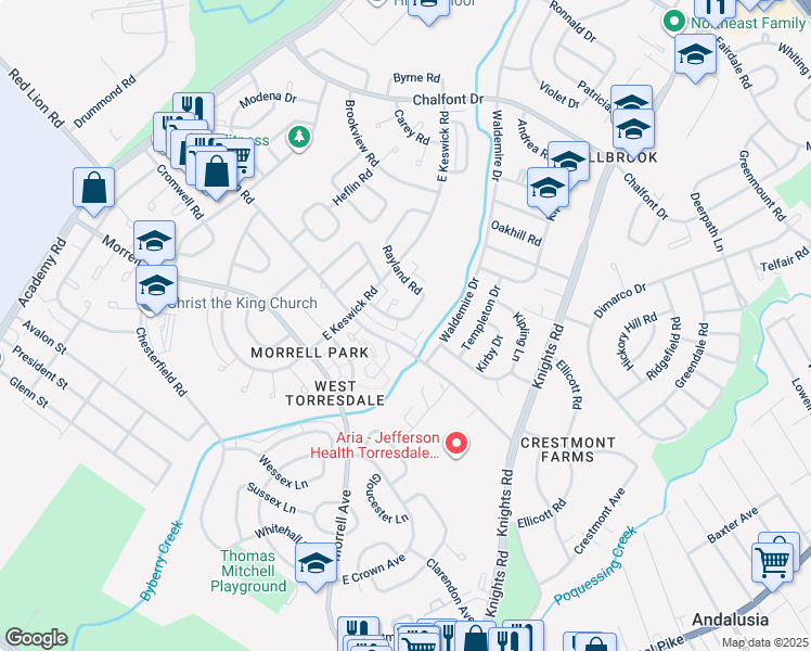 map of restaurants, bars, coffee shops, grocery stores, and more near 3644 Drumore Drive in Philadelphia