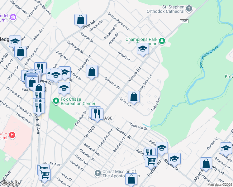 map of restaurants, bars, coffee shops, grocery stores, and more near 8206 Verree Road in Philadelphia
