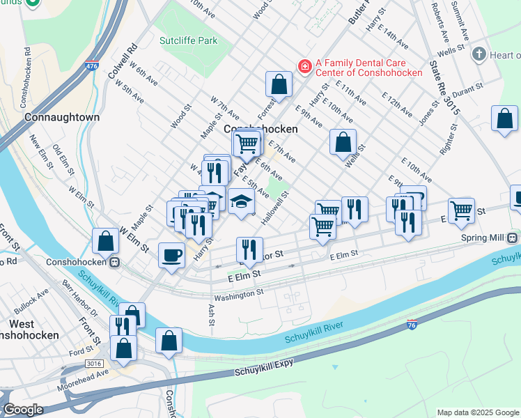 map of restaurants, bars, coffee shops, grocery stores, and more near 134 East 4th Avenue in Conshohocken