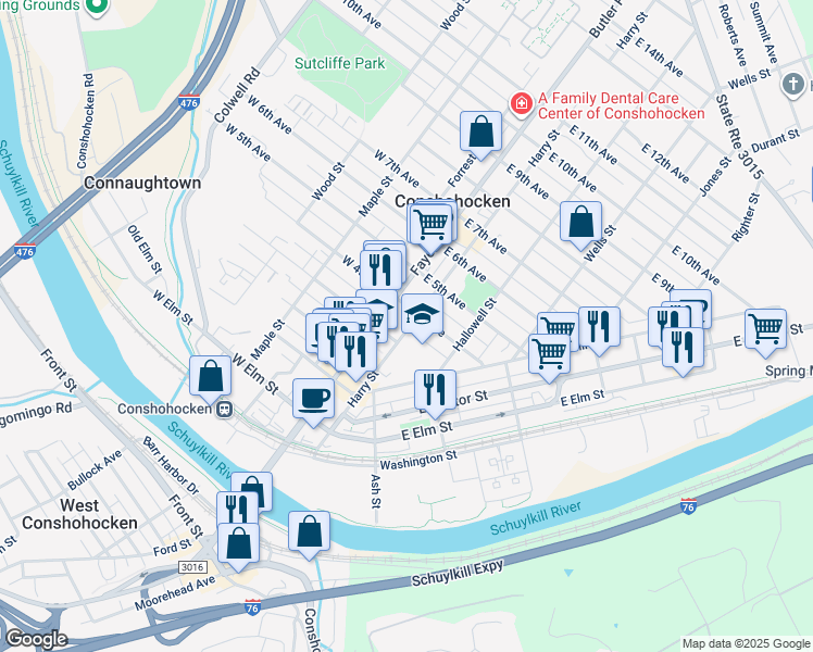 map of restaurants, bars, coffee shops, grocery stores, and more near 105 East 4th Avenue in Conshohocken