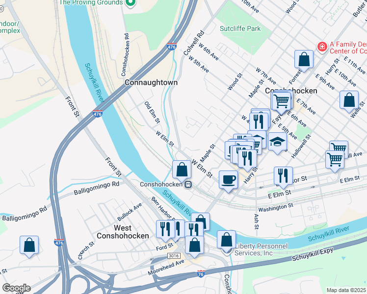 map of restaurants, bars, coffee shops, grocery stores, and more near 357 Wood Street in Conshohocken