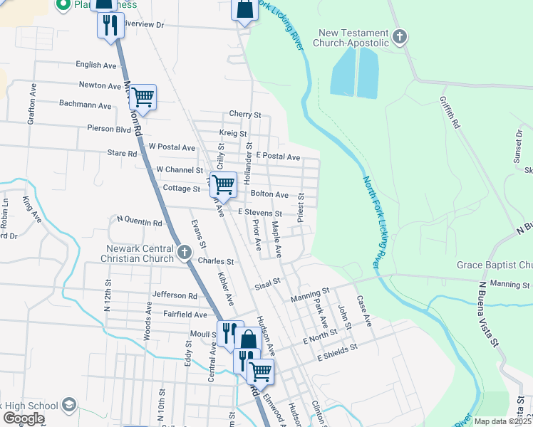 map of restaurants, bars, coffee shops, grocery stores, and more near 63 East Stevens Street in Newark