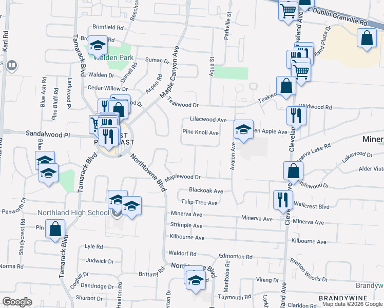 map of restaurants, bars, coffee shops, grocery stores, and more near 2139 Honeytree Court in Columbus