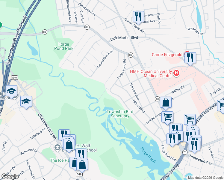 map of restaurants, bars, coffee shops, grocery stores, and more near 1616 Forge Pond Road in Brick Township