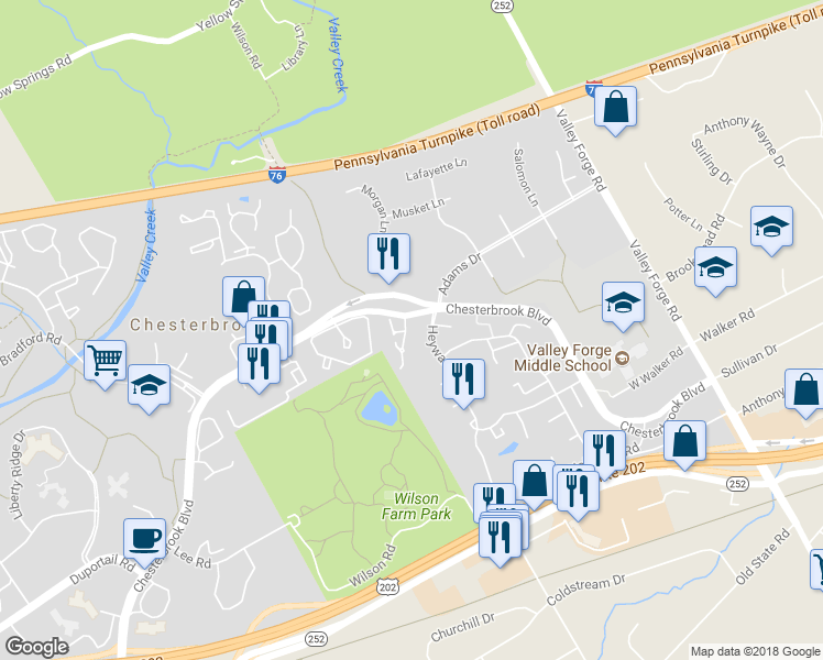 map of restaurants, bars, coffee shops, grocery stores, and more near 14 Elan Lane in Chesterbrook
