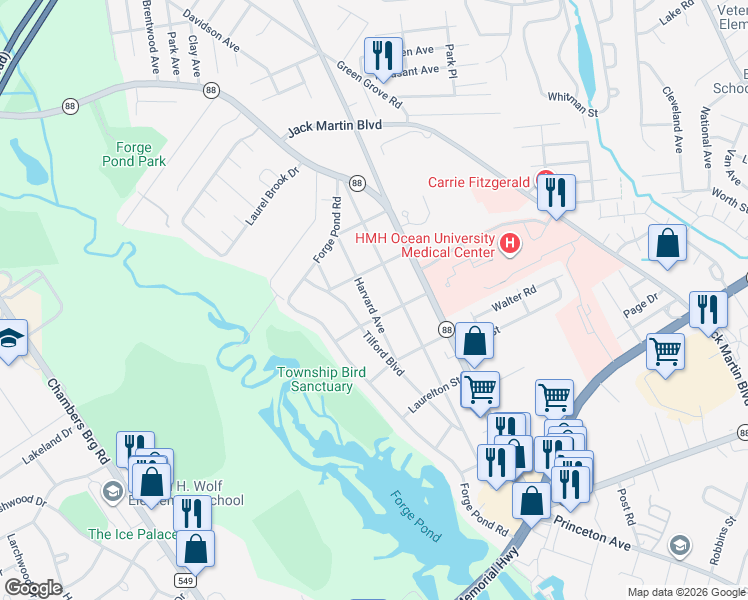 map of restaurants, bars, coffee shops, grocery stores, and more near 1628 Harvard Avenue in Brick Township