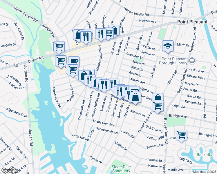 map of restaurants, bars, coffee shops, grocery stores, and more near 1216 Sunset Avenue in Point Pleasant