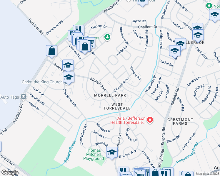 map of restaurants, bars, coffee shops, grocery stores, and more near 3330 Ashfield Lane in Philadelphia