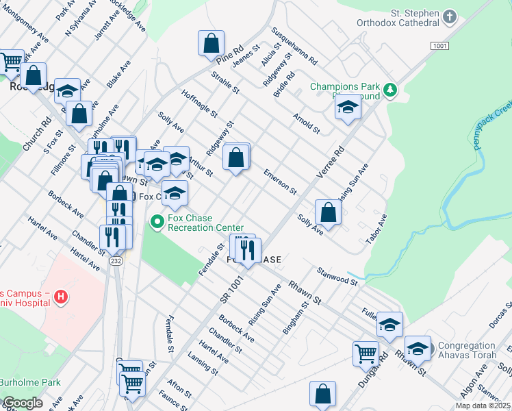 map of restaurants, bars, coffee shops, grocery stores, and more near 8115 Ferndale Street in Philadelphia