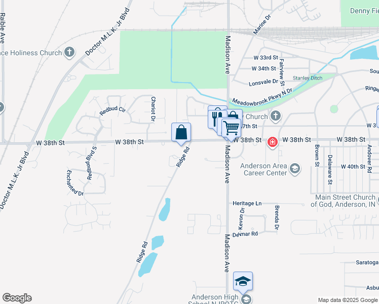 map of restaurants, bars, coffee shops, grocery stores, and more near 3814 Ridge Road in Anderson