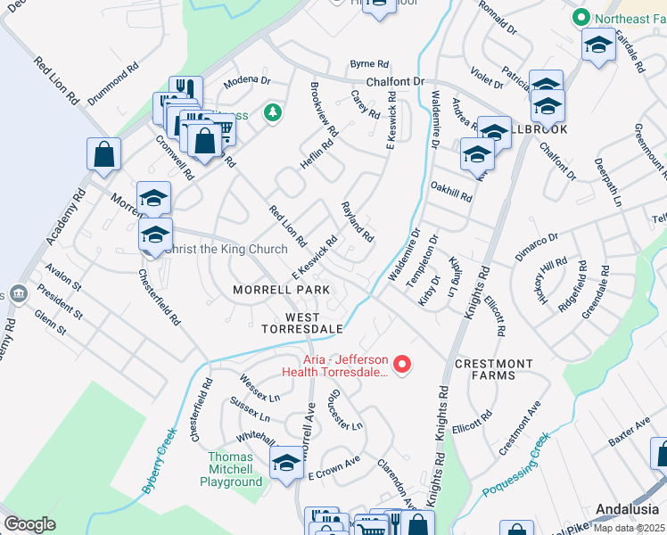 map of restaurants, bars, coffee shops, grocery stores, and more near 3615 Red Lion Road in Philadelphia