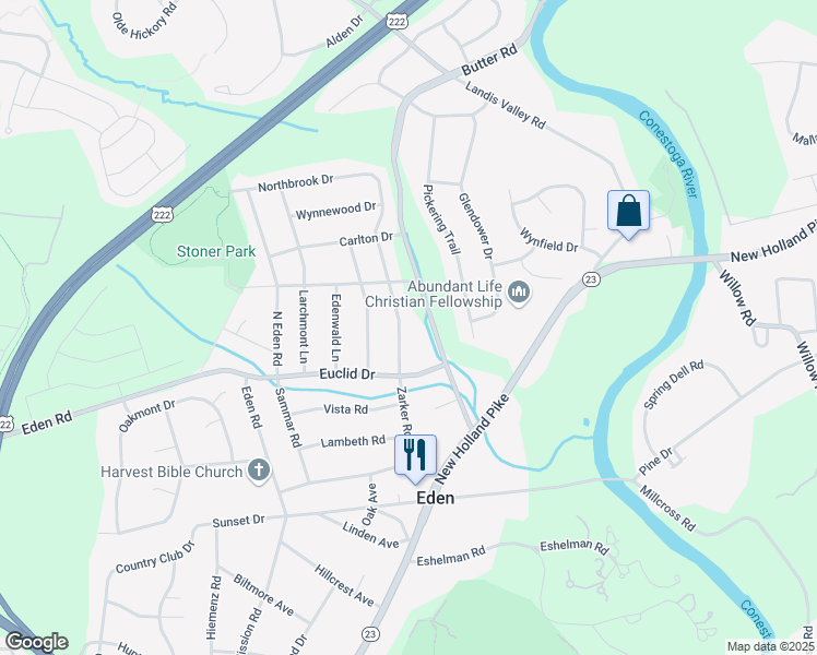 map of restaurants, bars, coffee shops, grocery stores, and more near 1818 Northbrook Dr in Lancaster