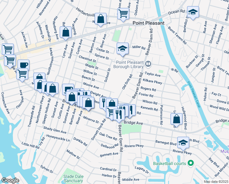 map of restaurants, bars, coffee shops, grocery stores, and more near 2415 Moore Avenue in Point Pleasant