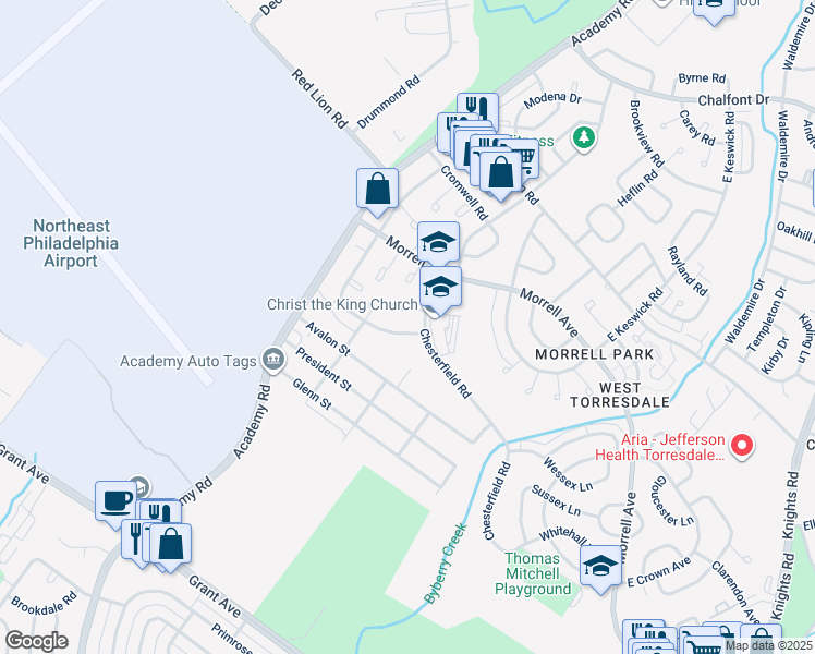 map of restaurants, bars, coffee shops, grocery stores, and more near 9915 South Canterbury Road in Philadelphia