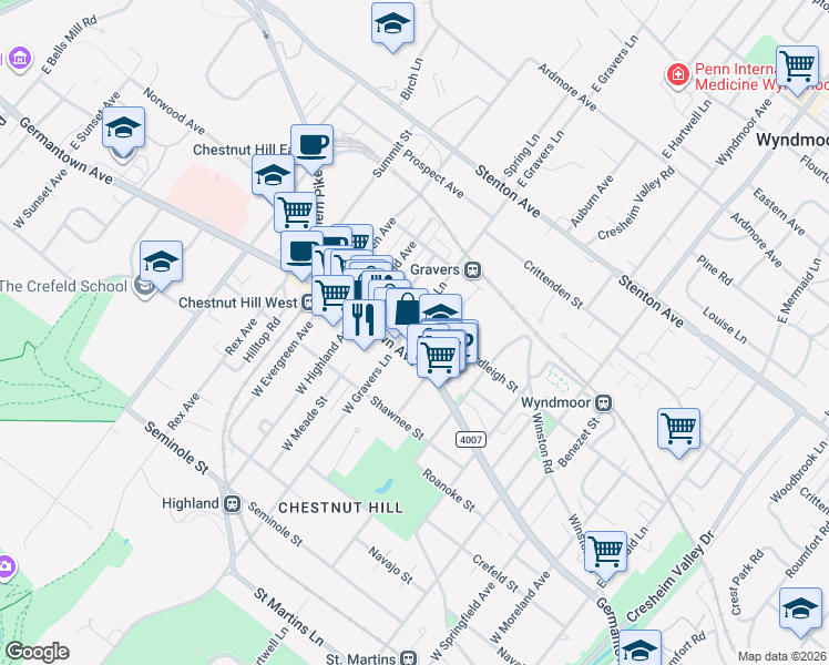 map of restaurants, bars, coffee shops, grocery stores, and more near 24 East Gravers Lane in Philadelphia