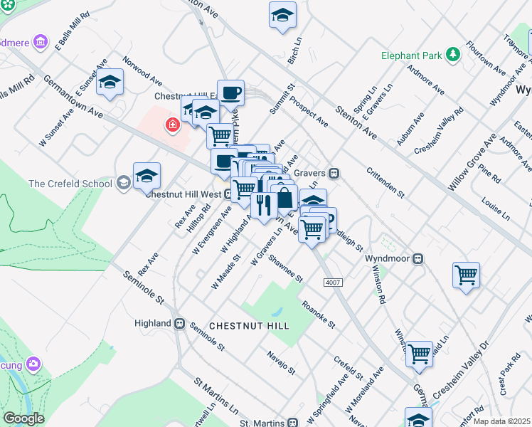 map of restaurants, bars, coffee shops, grocery stores, and more near 8432 Germantown Avenue in Philadelphia