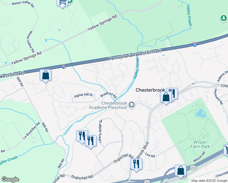 map of restaurants, bars, coffee shops, grocery stores, and more near 17 Rampart Drive in Chesterbrook