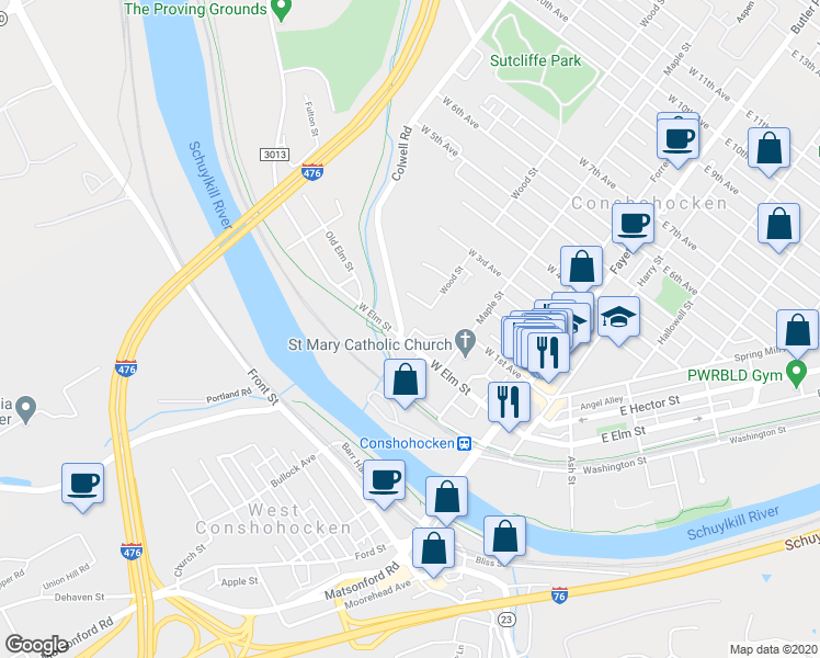 map of restaurants, bars, coffee shops, grocery stores, and more near 357 Wood Street in Conshohocken