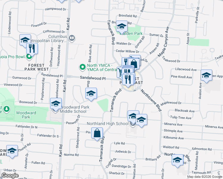 map of restaurants, bars, coffee shops, grocery stores, and more near 5275 Sandalwood Court in Columbus