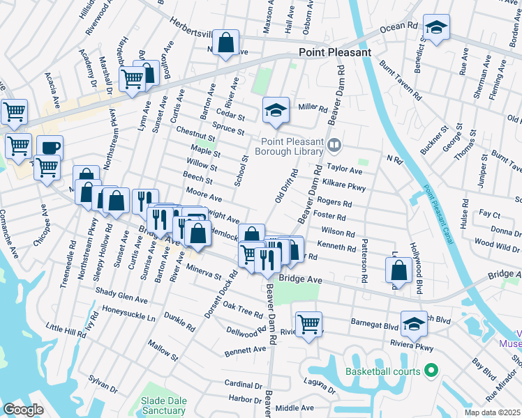 map of restaurants, bars, coffee shops, grocery stores, and more near 2415 Moore Avenue in Point Pleasant