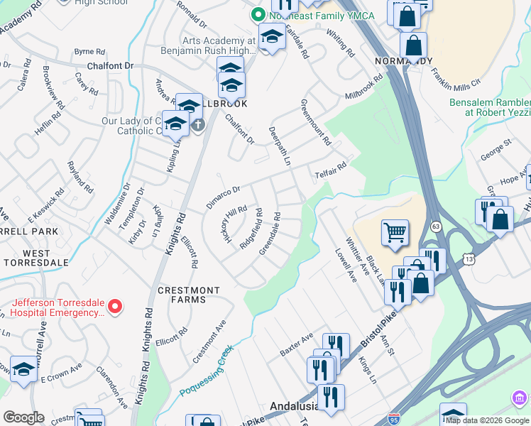 map of restaurants, bars, coffee shops, grocery stores, and more near 205 Ridgefield Road in Philadelphia