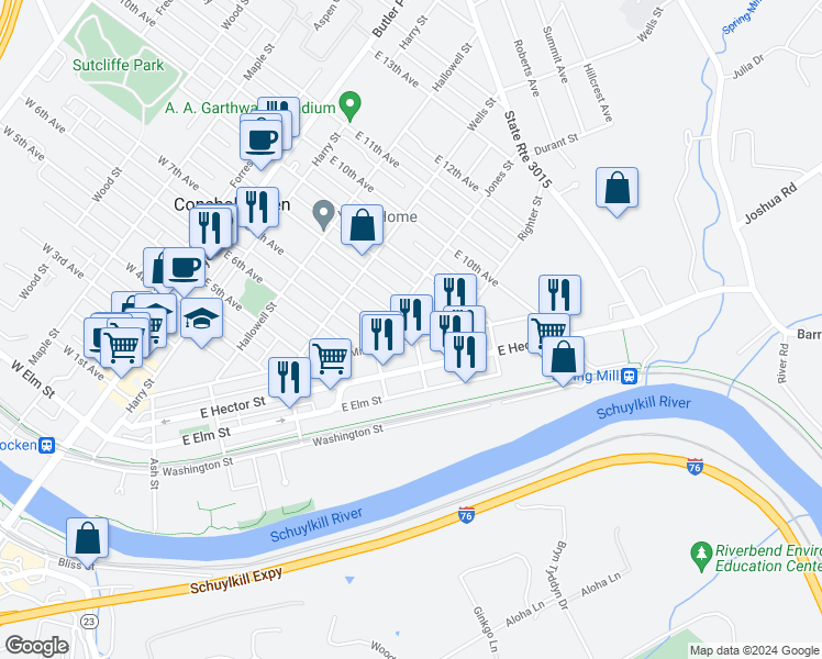 map of restaurants, bars, coffee shops, grocery stores, and more near 712 Spring Mill Avenue in Conshohocken