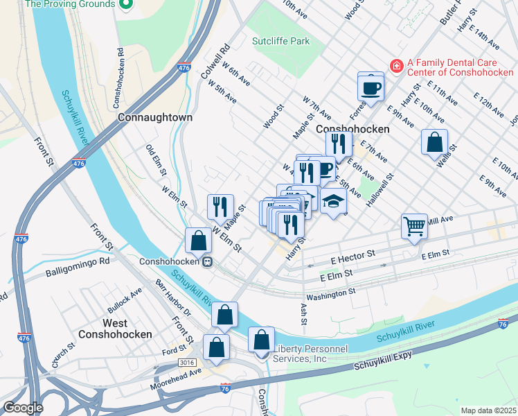 map of restaurants, bars, coffee shops, grocery stores, and more near 137 West 2nd Avenue in Conshohocken