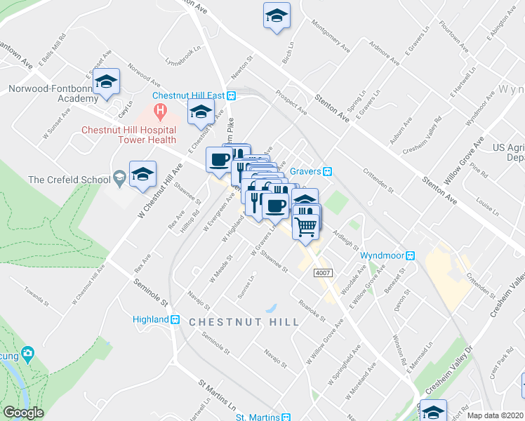 map of restaurants, bars, coffee shops, grocery stores, and more near 8430 Germantown Avenue in Philadelphia