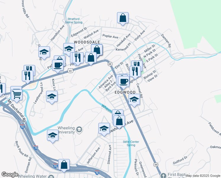 map of restaurants, bars, coffee shops, grocery stores, and more near 23 Byrd Avenue in Wheeling