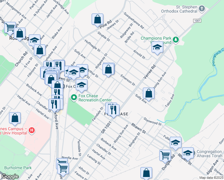 map of restaurants, bars, coffee shops, grocery stores, and more near 8108 Ferndale Street in Philadelphia