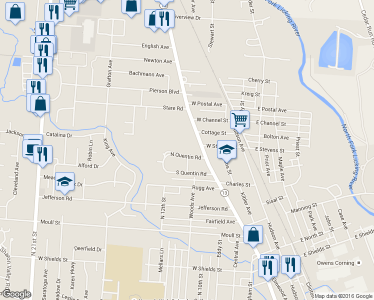 map of restaurants, bars, coffee shops, grocery stores, and more near 186 North Quentin Road in Newark