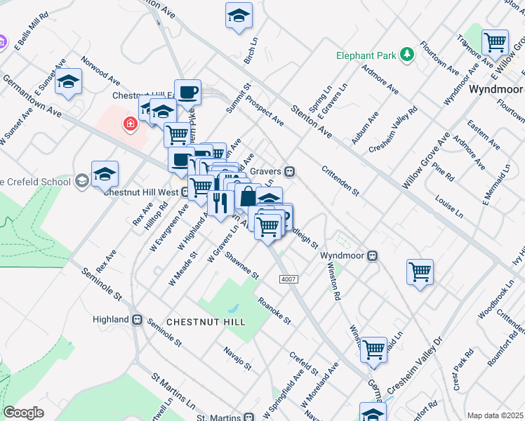 map of restaurants, bars, coffee shops, grocery stores, and more near 8322 Ardleigh St in Philadelphia