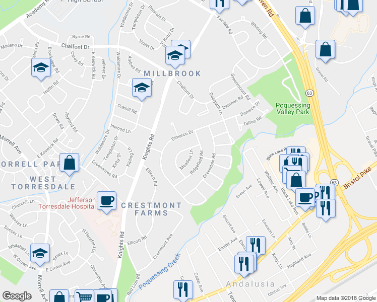 map of restaurants, bars, coffee shops, grocery stores, and more near 144 Meadow Lane in Philadelphia