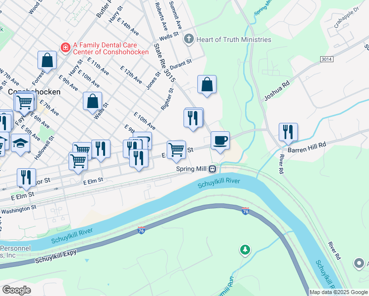 map of restaurants, bars, coffee shops, grocery stores, and more near 1076 East Hector Street in Conshohocken