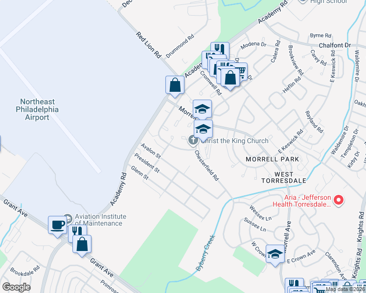 map of restaurants, bars, coffee shops, grocery stores, and more near 9927 South Canterbury Road in Philadelphia
