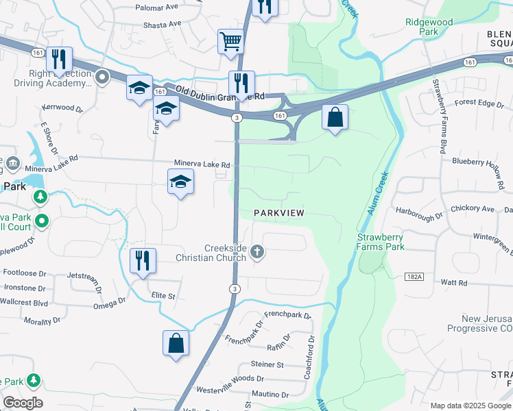 map of restaurants, bars, coffee shops, grocery stores, and more near 3401 Partridge Place in Columbus