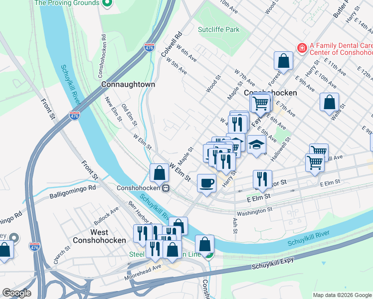 map of restaurants, bars, coffee shops, grocery stores, and more near 7 West 1st Avenue in Conshohocken