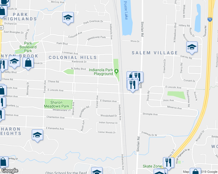 map of restaurants, bars, coffee shops, grocery stores, and more near 595 Chase Road in Columbus