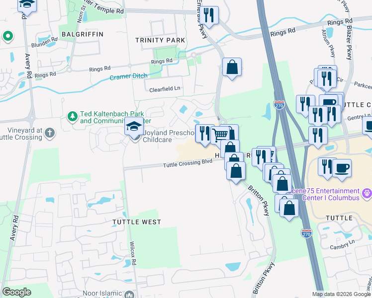 map of restaurants, bars, coffee shops, grocery stores, and more near 5530 Tuttle Crossing Boulevard in Dublin